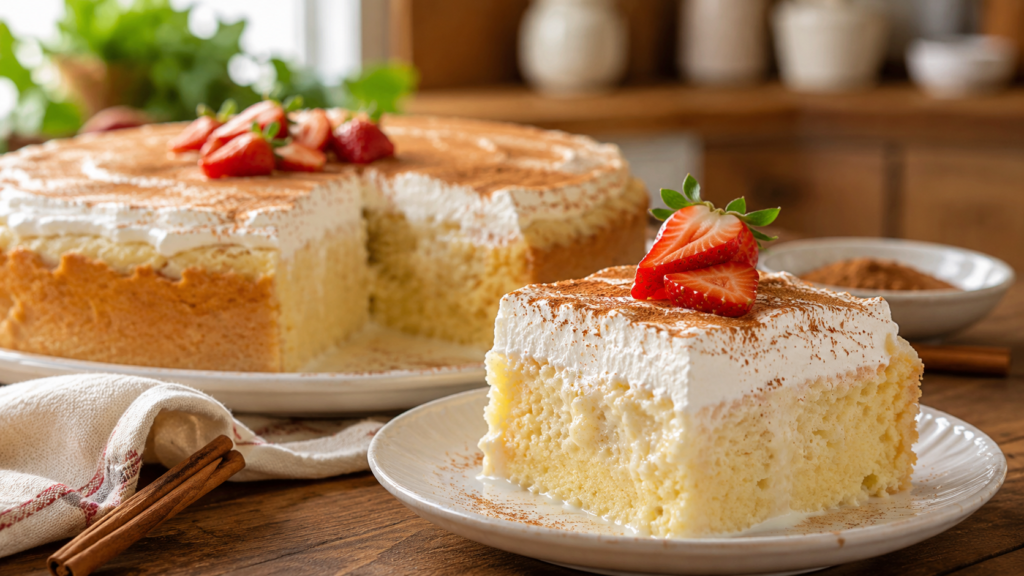 Authentic Mexican tres leches cake topped with whipped cream and cinnamon, showing a moist sponge cake soaked in three milks.