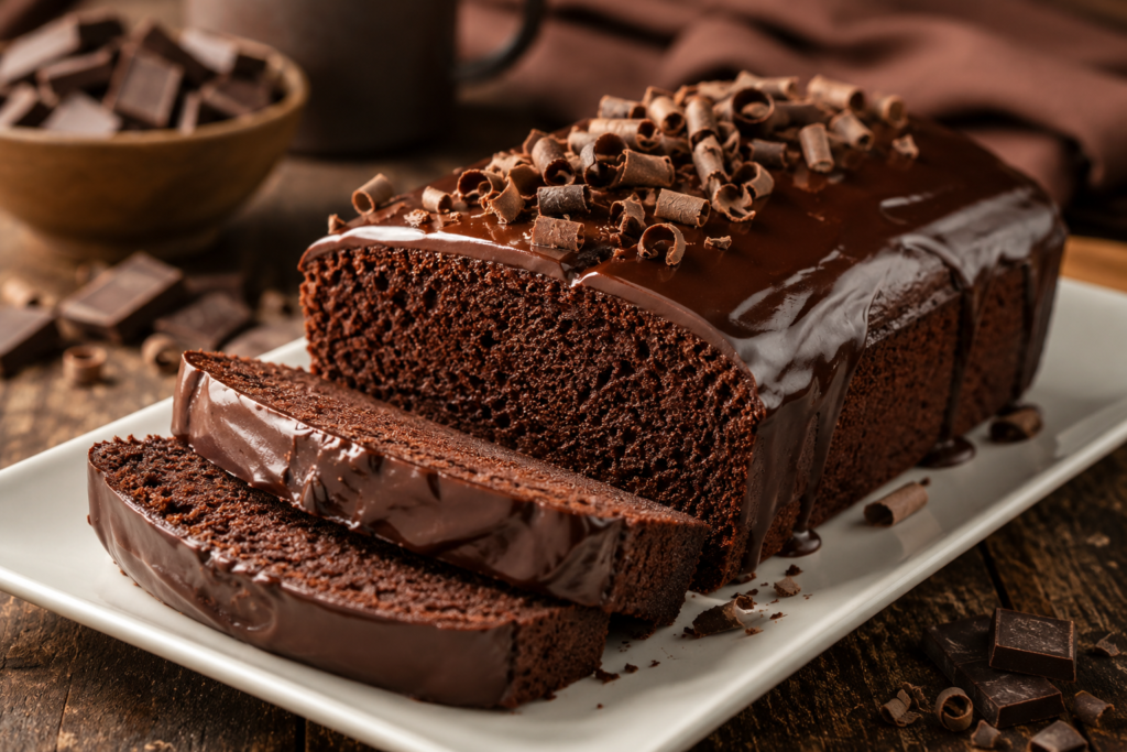 Ultimate Chocolate Pound Cake topped with glossy chocolate ganache and chocolate curls, sliced on a white serving platter in a warm rustic kitchen.