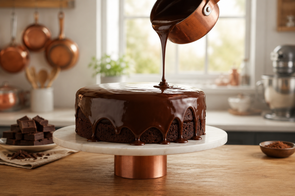 Glossy chocolate ganache being poured over a dark chocolate cake in a professional kitchen.