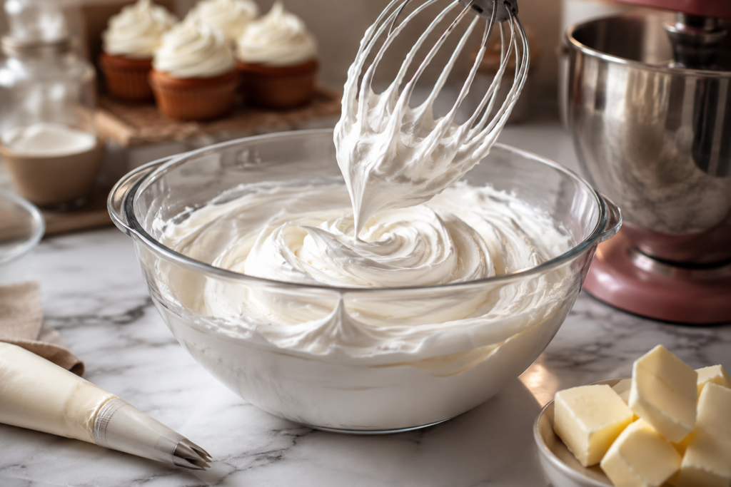 Smooth Swiss meringue buttercream being whipped in a stand mixer in a modern home kitchen.