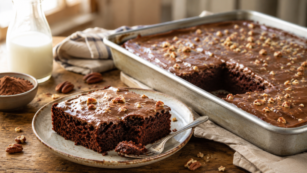 A slice of classic Texas Sheet Cake with glossy fudge frosting and toasted pecans on a ceramic plate next to a jelly roll pan.