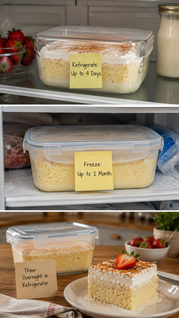  how to store Tres Leches Cake with three realistic scenes: a refrigerated cake in a covered container, an airtight container in the freezer, and a thawed cake ready to serve after overnight refrigeration.