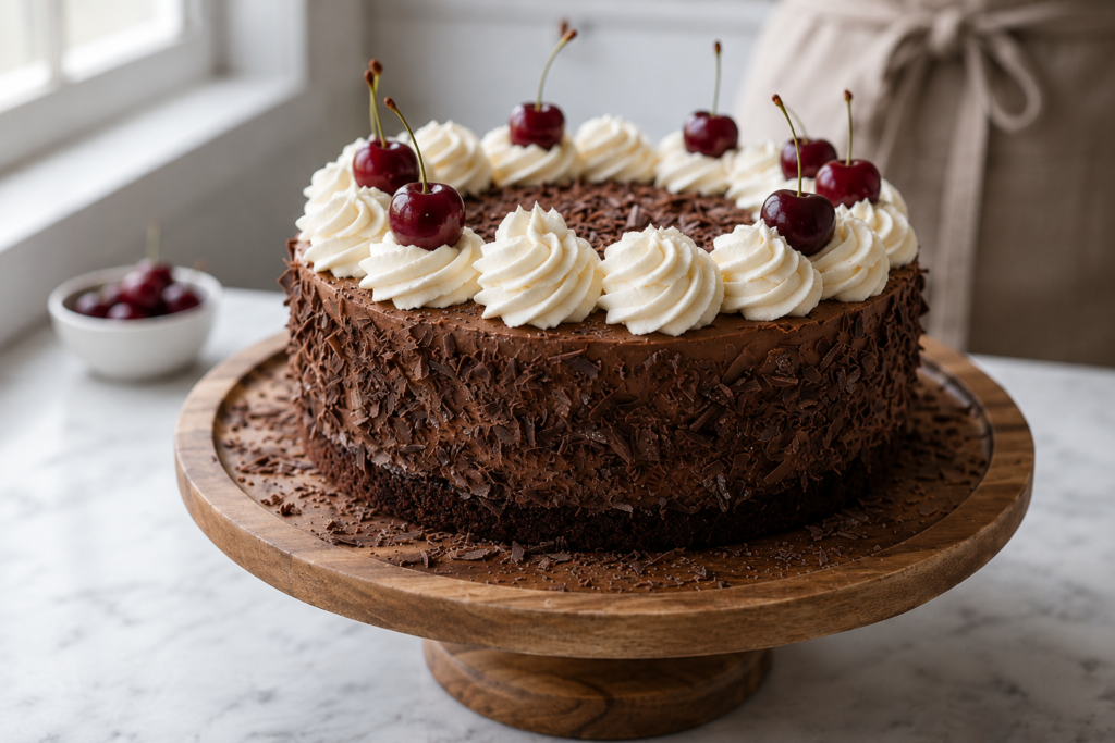 Ultimate Black Forest Cake topped with whipped cream, fresh cherries, and chocolate shavings on a wooden cake stand.