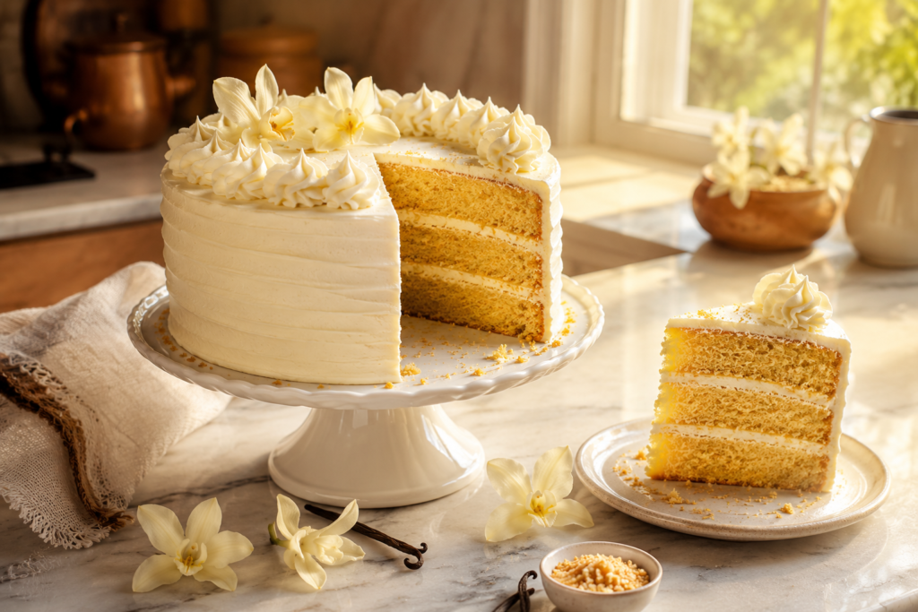 Ultimate Golden Yellow Layer Cake with silky vanilla buttercream frosting on a white cake stand, featuring a moist buttery crumb and a plated slice in a sunlit kitchen with fresh vanilla flowers.