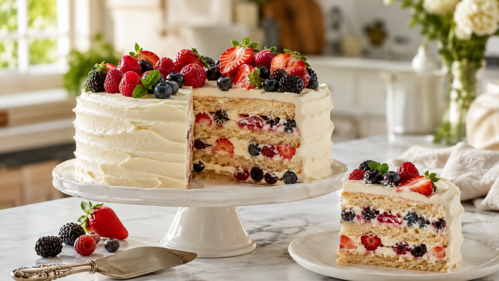 Bakery-style Berry Chantilly Cake with fresh berries and a layered slice on a white plate.