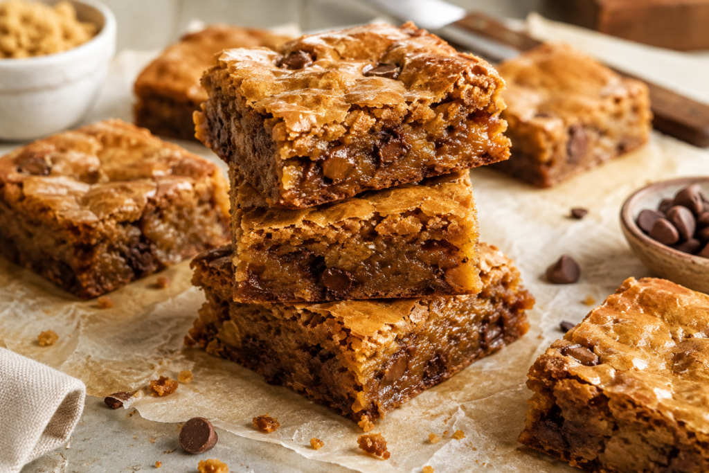 Thick and chewy homemade brown butter blondies with golden edges and a fudgy center.