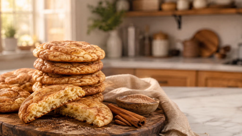 Soft, thick, chewy homemade snickerdoodle cookies stacked on a rustic wooden board with a broken cookie showing a tender interior, cinnamon sticks, and cinnamon sugar in a bright farmhouse kitchen.