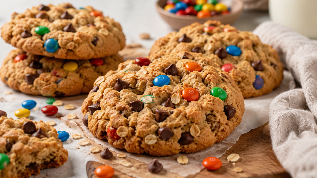 Big Giant Monster Cookies loaded with oats, chocolate chips, peanut butter, and colorful M&Ms.