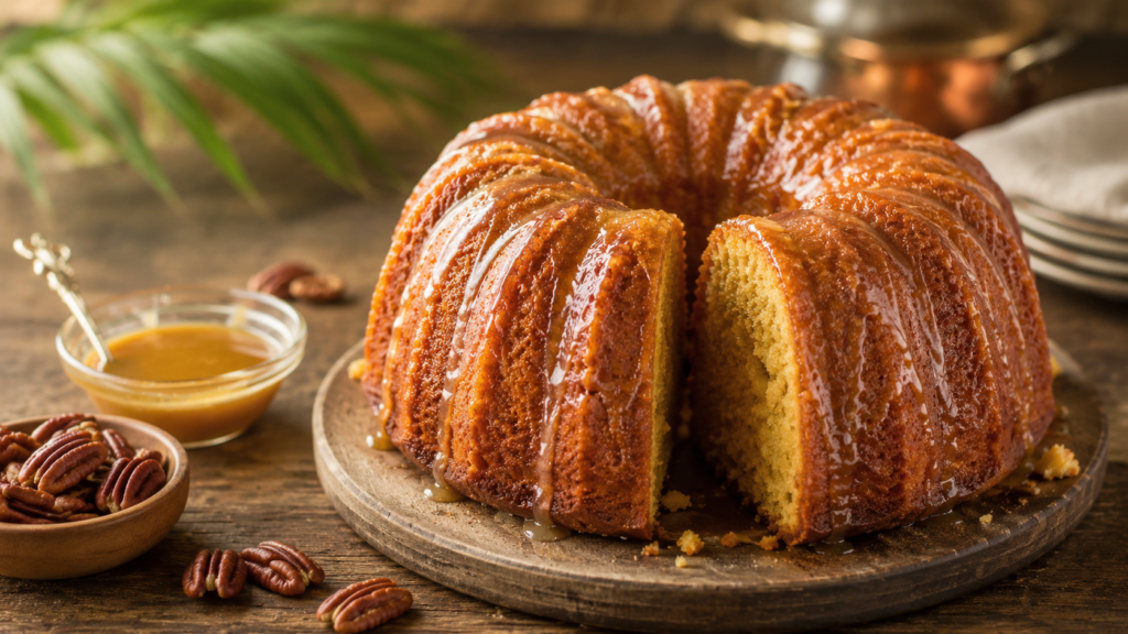 Golden-brown Caribbean-style rum Bundt cake with butter-rum glaze and pecans on a rustic wooden table.