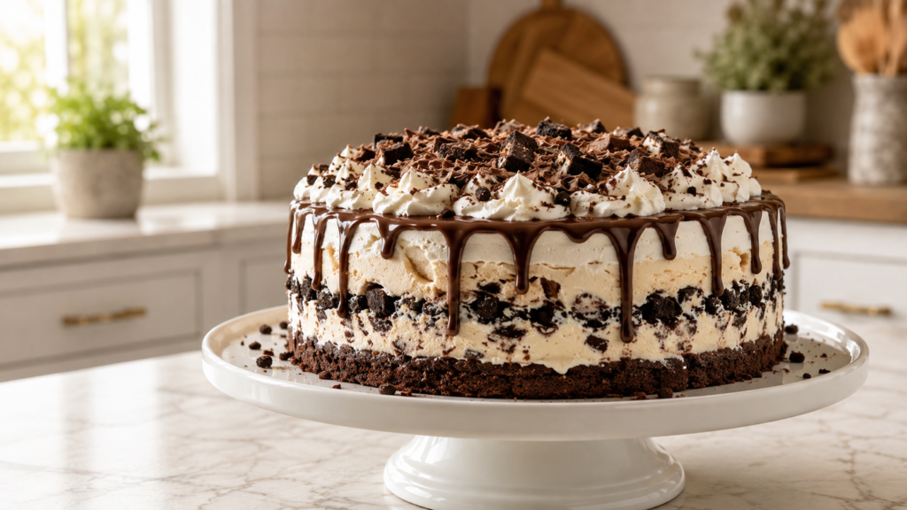 Easy ice cream cake with chocolate cake, creamy ice cream, cookie layer, whipped cream, and chocolate fudge drizzle.