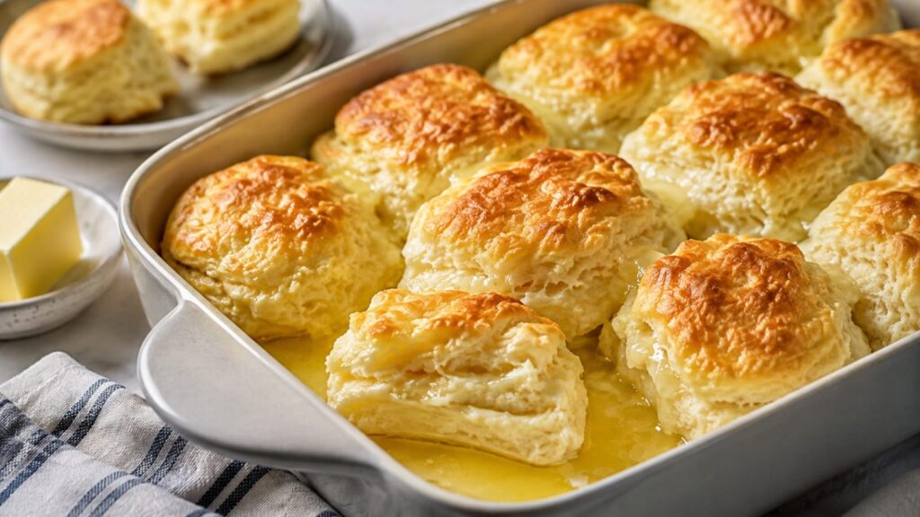 Freshly baked golden-brown butter swim biscuits in a rustic ceramic baking dish on a wooden table, with one pulled open showing a soft, fluffy center.
