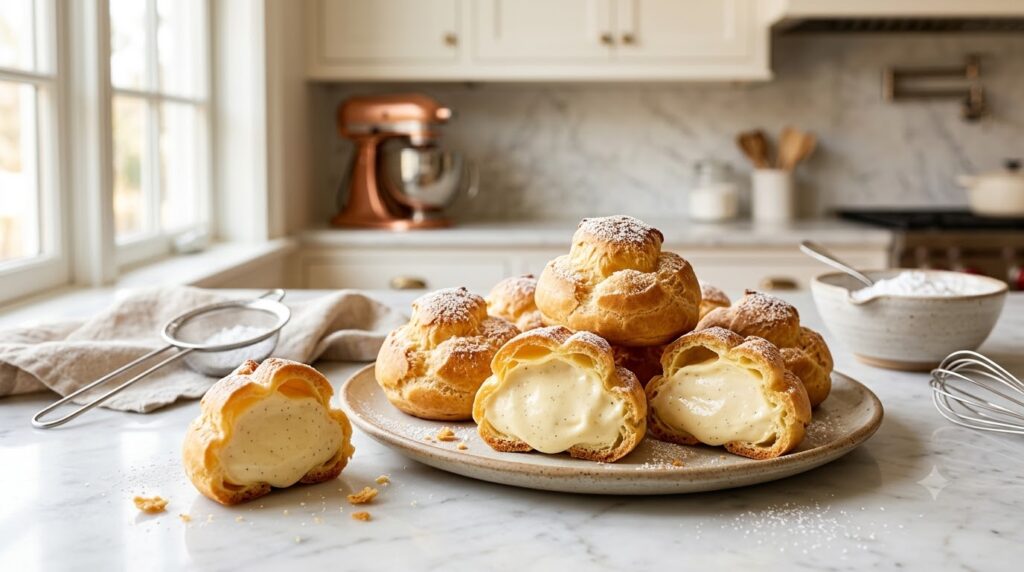 A ceramic plate of golden-brown choux pastry cream puffs on a marble kitchen counter, cut open to show rich vanilla pastry cream filling and sprinkled with powdered sugar.