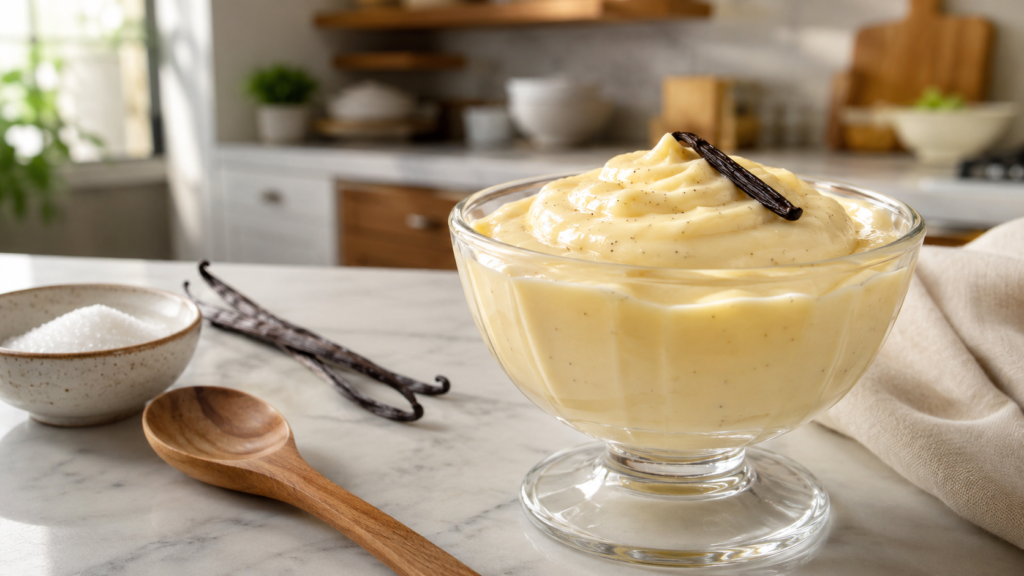 Homemade vanilla pudding in a glass dessert bowl with a fresh vanilla bean on a warm kitchen counter, creamy silky texture, soft natural light, photorealistic food photography.