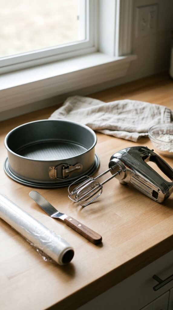 Necessary baking tools, including a 9-inch springform pan, a hand mixer, an offset spatula, and plastic wrap, are neatly arranged on a kitchen counter, illuminated by natural daylight from a window.