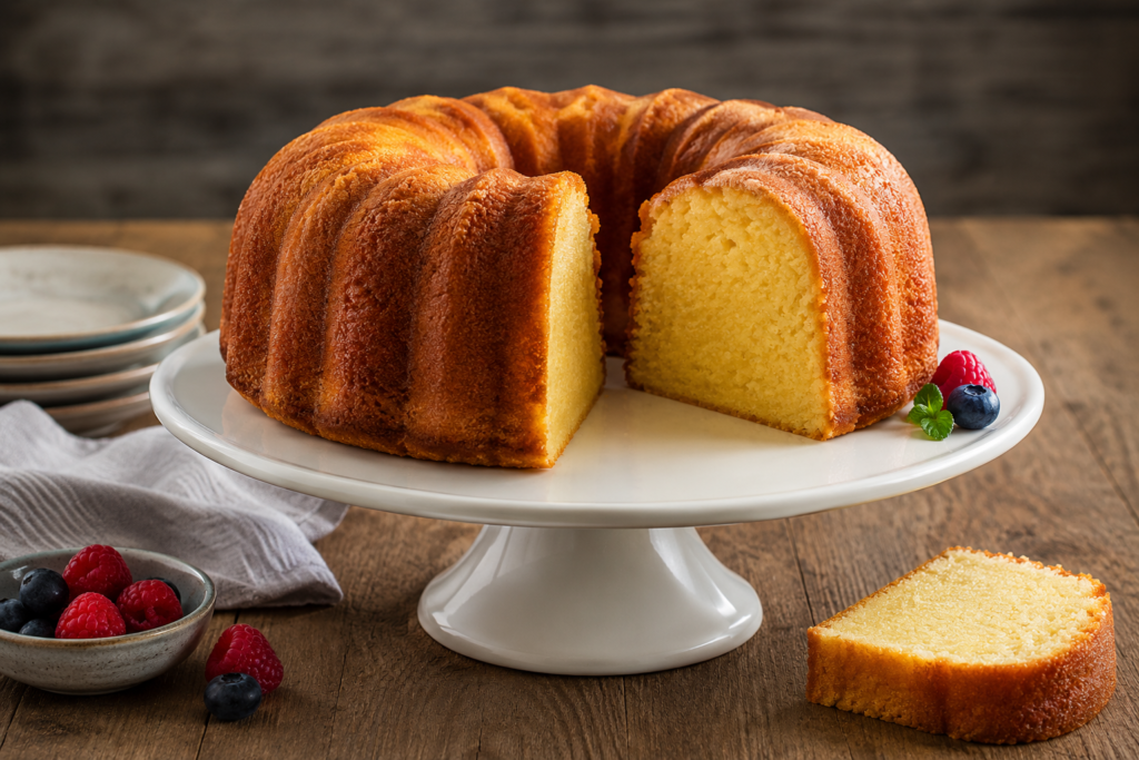 Million dollar pound cake with a golden buttery crust and moist tender crumb on a serving plate.