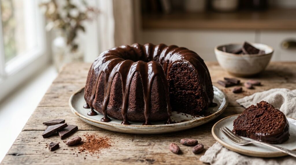 A rich chocolate bundt cake coated in glossy chocolate ganache dripping down its fluted sides, resting on a rustic wooden table next to a served slice and cocoa beans.