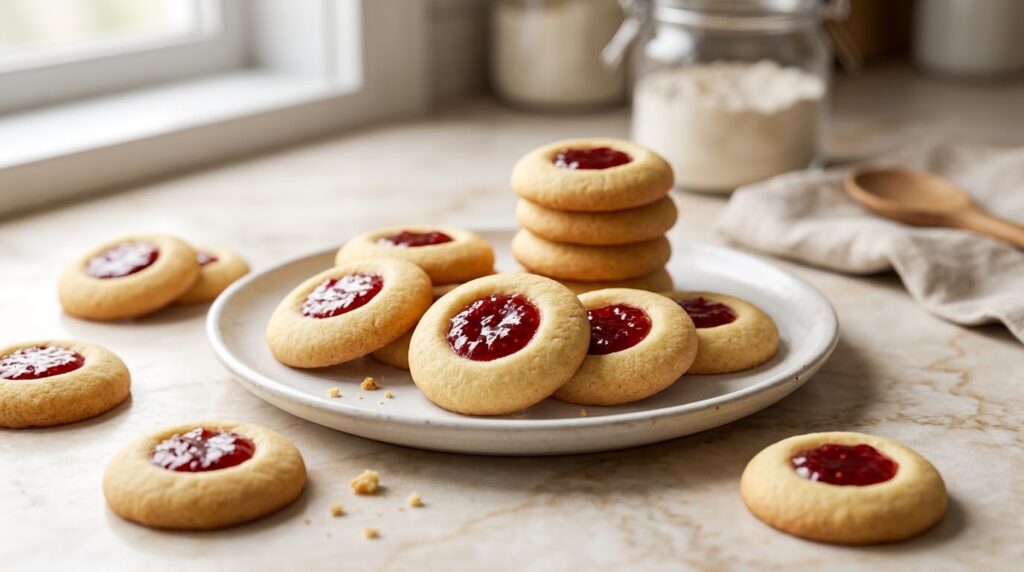 Homemade shortbread thumbprint cookies filled with raspberry jam.