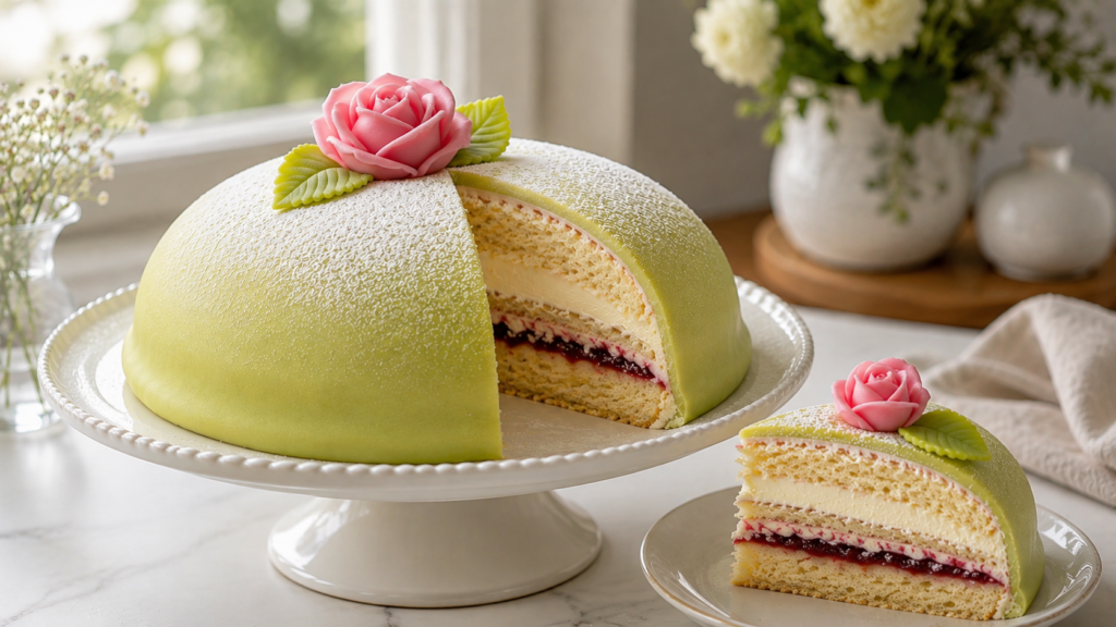 Swedish Princess Cake with pale green marzipan, pink rose, raspberry jam, vanilla cream, and sponge cake layers.