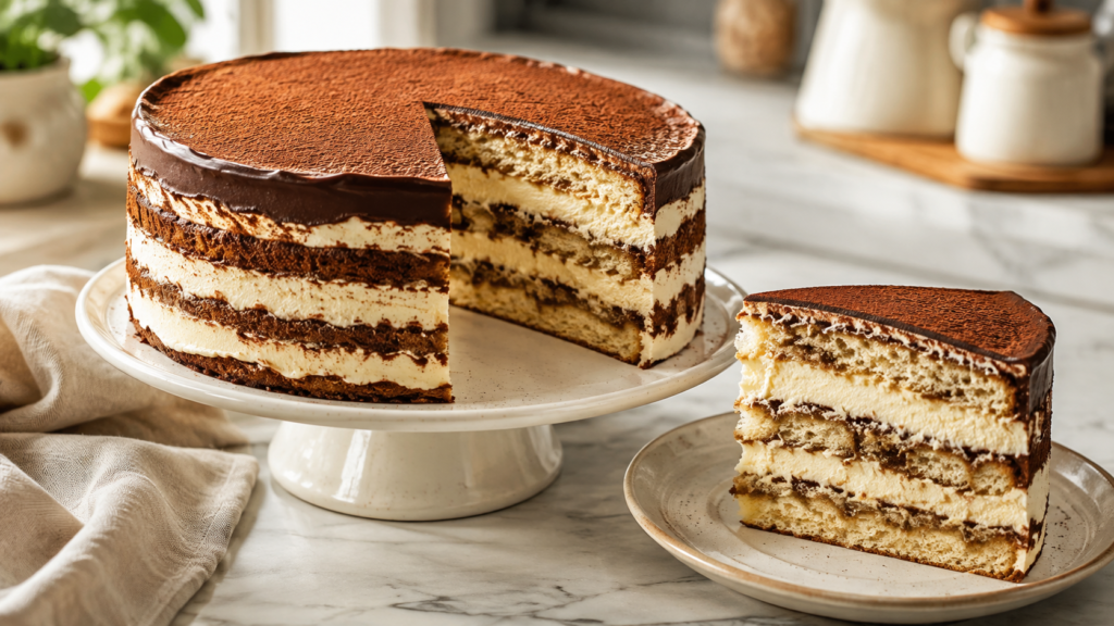 The Best Tiramisu Cake Recipe with espresso-soaked vanilla cake, mascarpone cream, and chocolate finish.