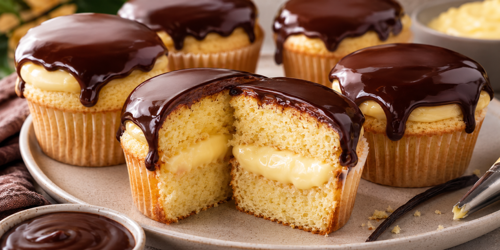 Ultimate Boston cream cupcakes with vanilla pastry cream and glossy chocolate ganache.