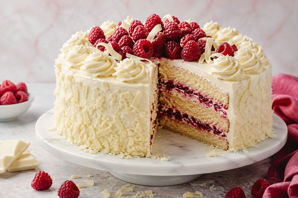 White Chocolate Raspberry Cake with vanilla cake layers, raspberry filling, and white chocolate frosting