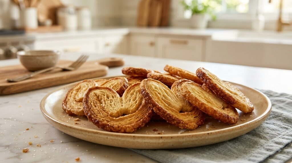 Freshly baked French palmier cookies with flaky, caramelized layers stacked on a ceramic plate in a bright kitchen.