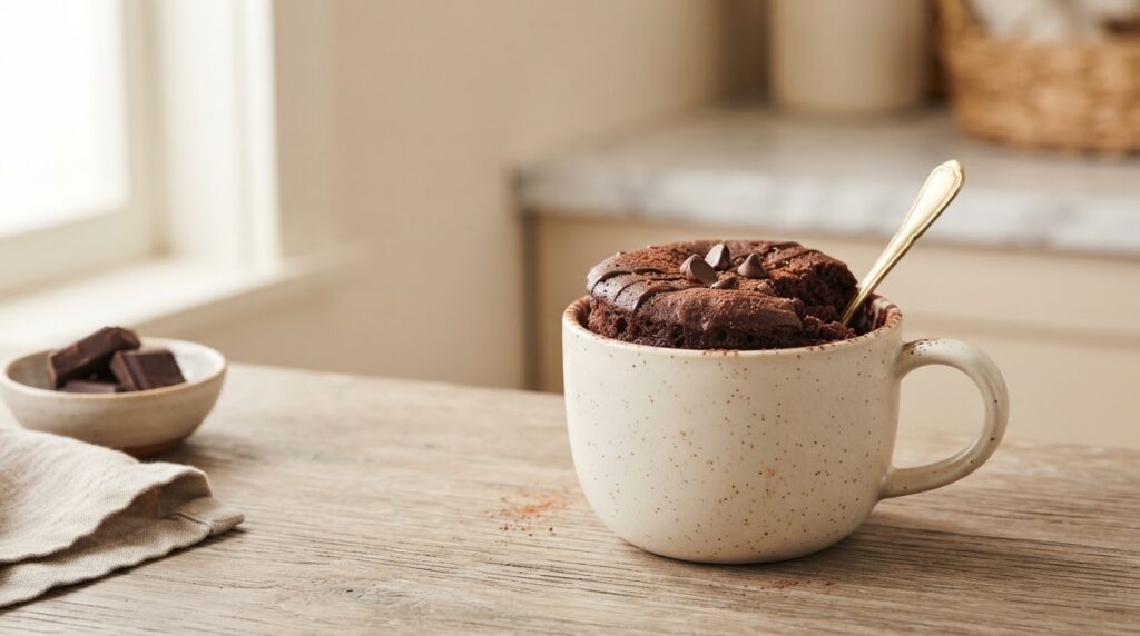 A rich, freshly baked 5-minute no-egg chocolate mug cake in a ceramic mug with a soft fudgy center and chocolate crumbs on a warm kitchen counter.