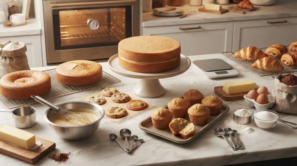 Professional kitchen setup for a baking techniques and troubleshooting guide showing successful cakes, cookies, and baking tools.