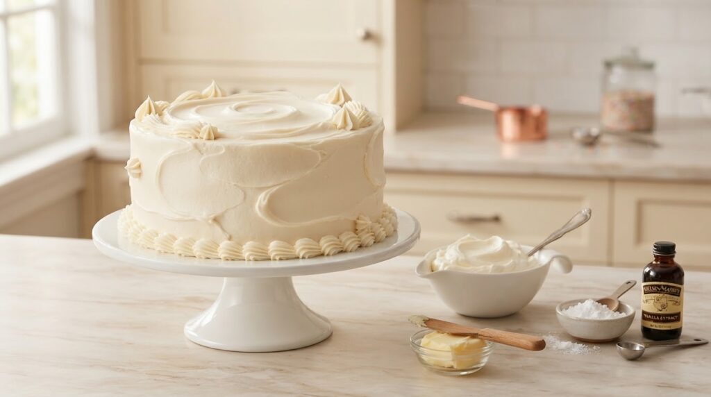 A frosted vanilla celebration cake with smooth American buttercream icing on a white cake stand in a bright kitchen.