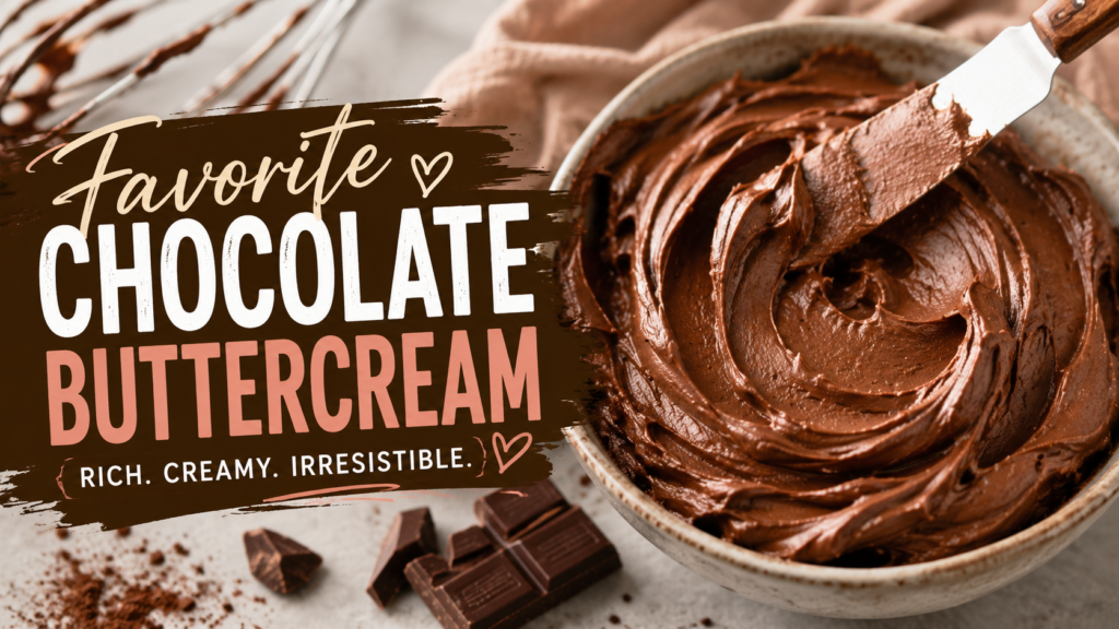 Favorite chocolate buttercream with a rich, creamy texture in a bowl