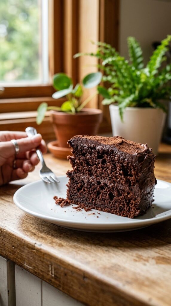 Close-up of the moist crumb texture of a vegan chocolate cake slice.