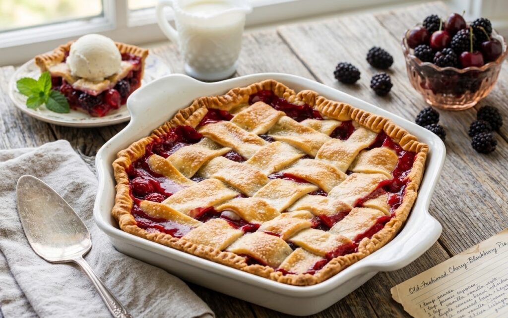 Old-fashioned cherry-blackberry pie with a golden-brown lattice crust in a white ceramic baking dish, served on a rustic wooden table with a scoop of vanilla ice cream.