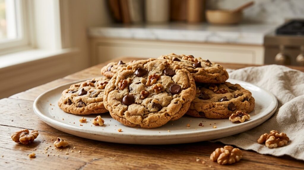 Freshly baked chocolate chip walnut cookies stacked on a warm stoneware plate, with one cookie broken open showing a melted, soft chocolate center and toasted walnuts.